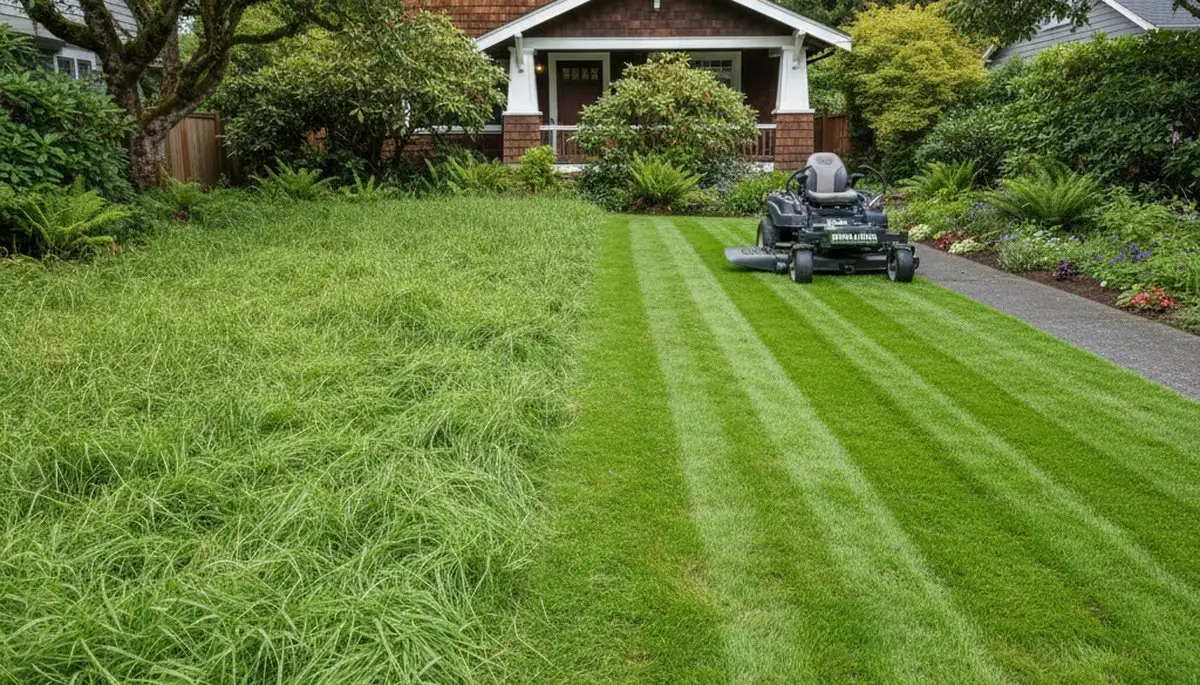 Before and after professional lawn mowing showing lush green yard transformation in Seattle, WA