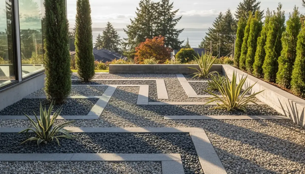 Modern pea gravel landscape with geometric design and architectural plants in Seattle, WA