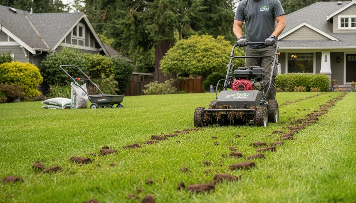 Professional core aeration on residential lawn in Seattle, WA improving soil health and turf growth