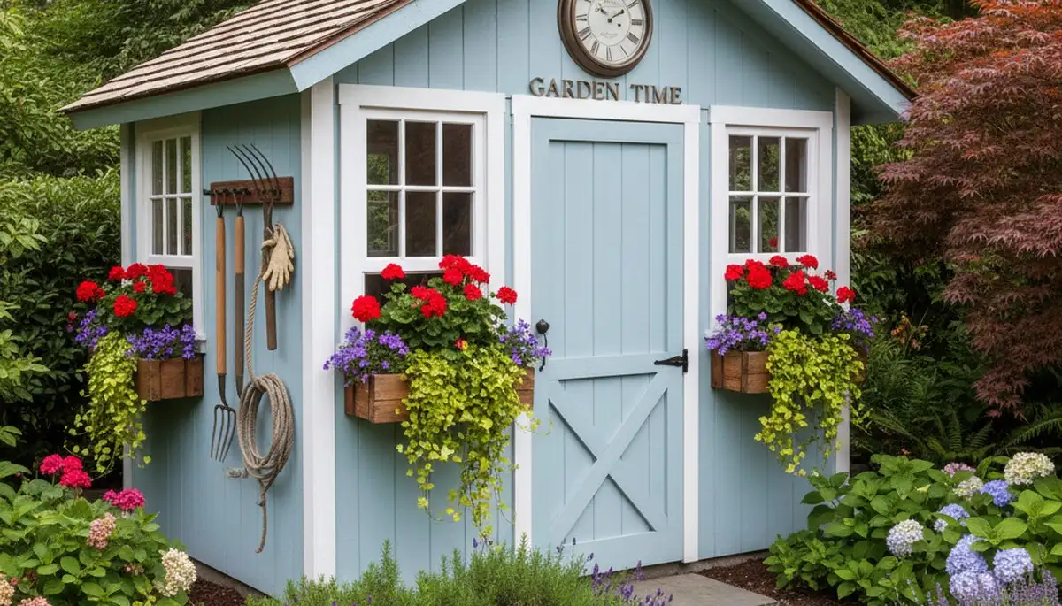 Decorative garden shed with lush landscaping in Seattle, WA by Chop Chop Landscaping