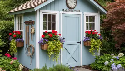 Decorative garden shed with lush landscaping in Seattle, WA by Chop Chop Landscaping