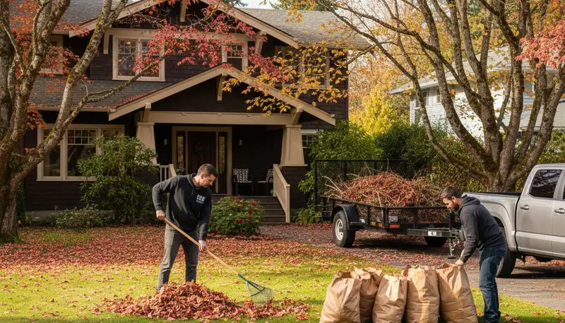 Technicians performing fall leaf removal in a Seattle, WA yard for Chop Chop Landscaping cleanup service