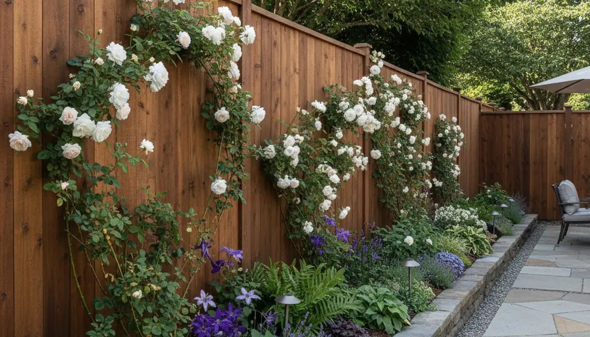 Modern wood fence with lush landscape plantings by Chop Chop Landscaping in Seattle, WA