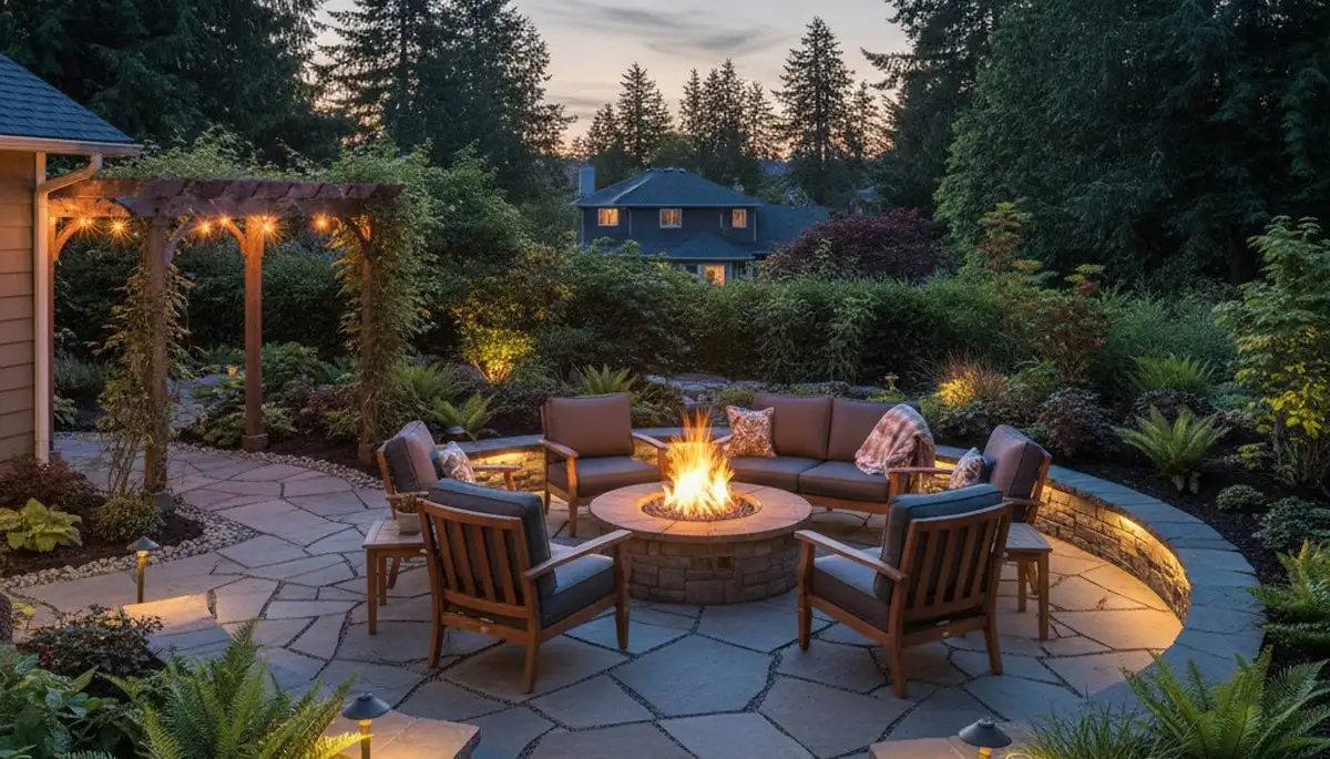 Custom fire pit patio with circular seating and native plants by landscaping experts in Seattle, WA