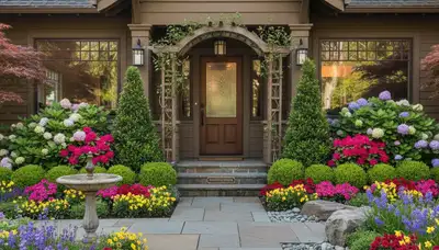 Symmetrical front yard landscaping with blooming flowers and shaped shrubs in Seattle, WA