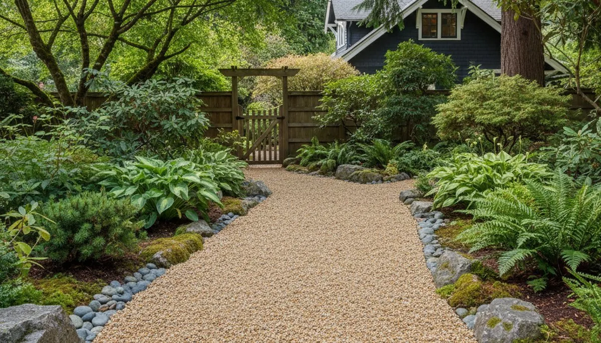 Pea gravel garden pathway with natural drainage in Seattle, WA by Chop Chop Landscaping