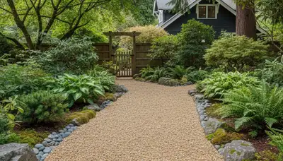 Pea gravel garden pathway with natural drainage in Seattle, WA by Chop Chop Landscaping