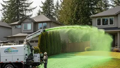 Hydroseeder truck spraying green slurry on residential lawn in Seattle, WA by Chop Chop Landscaping