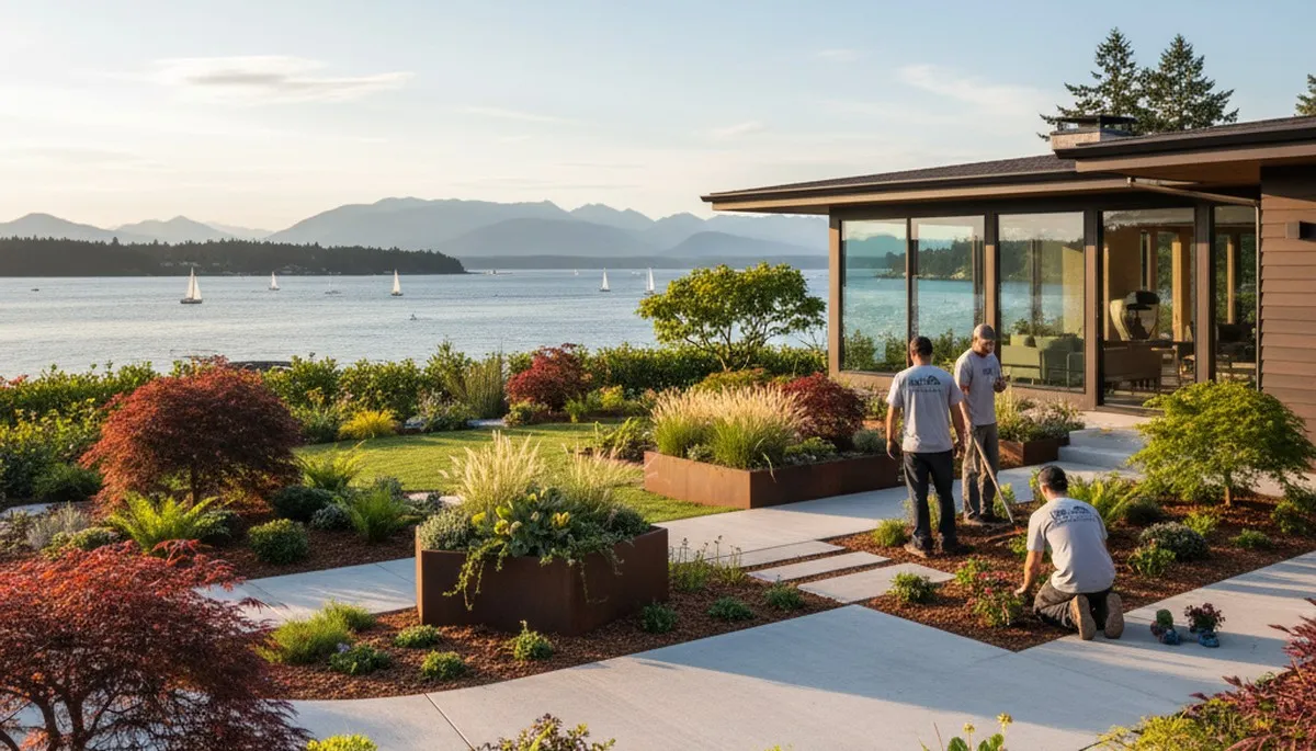 Seattle, WA landscaping team maintaining a residential yard with professional outdoor care
