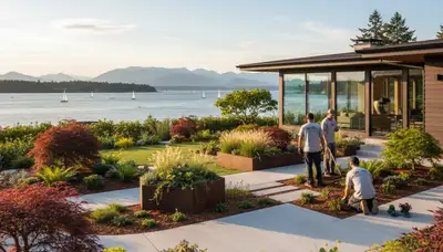 Seattle, WA landscaping team maintaining a residential yard with professional outdoor care