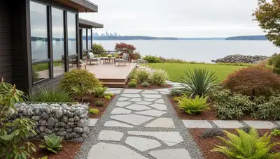 Seattle, WA landscaping team maintaining a residential yard with professional lawn care services
