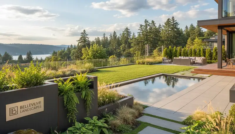 Seattle, WA landscaping service team maintaining a residential yard with professional outdoor care tools