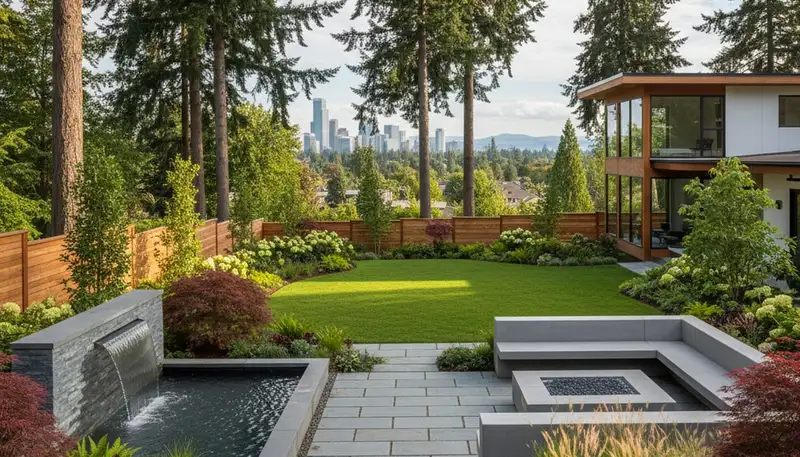 Seattle, WA landscaping team maintaining a lush residential yard with professional garden care