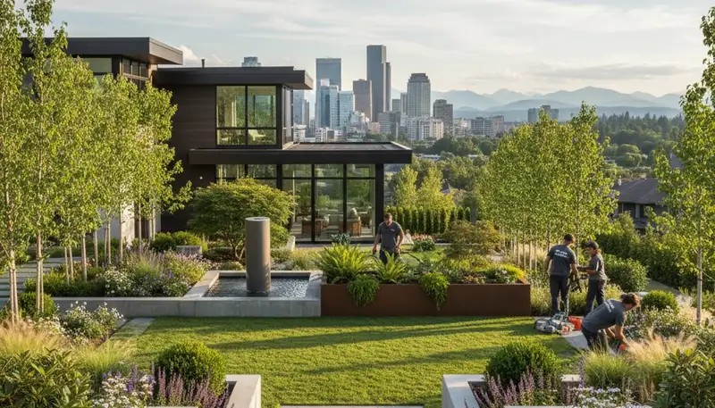 Seattle, WA landscaping service team maintaining a residential yard with professional lawn care equipment
