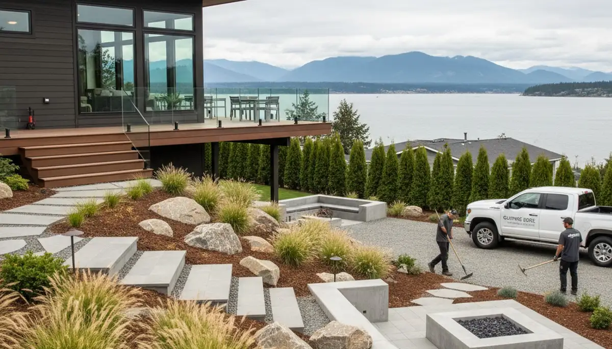 Landscaping service crew in Seattle, WA maintaining a residential yard