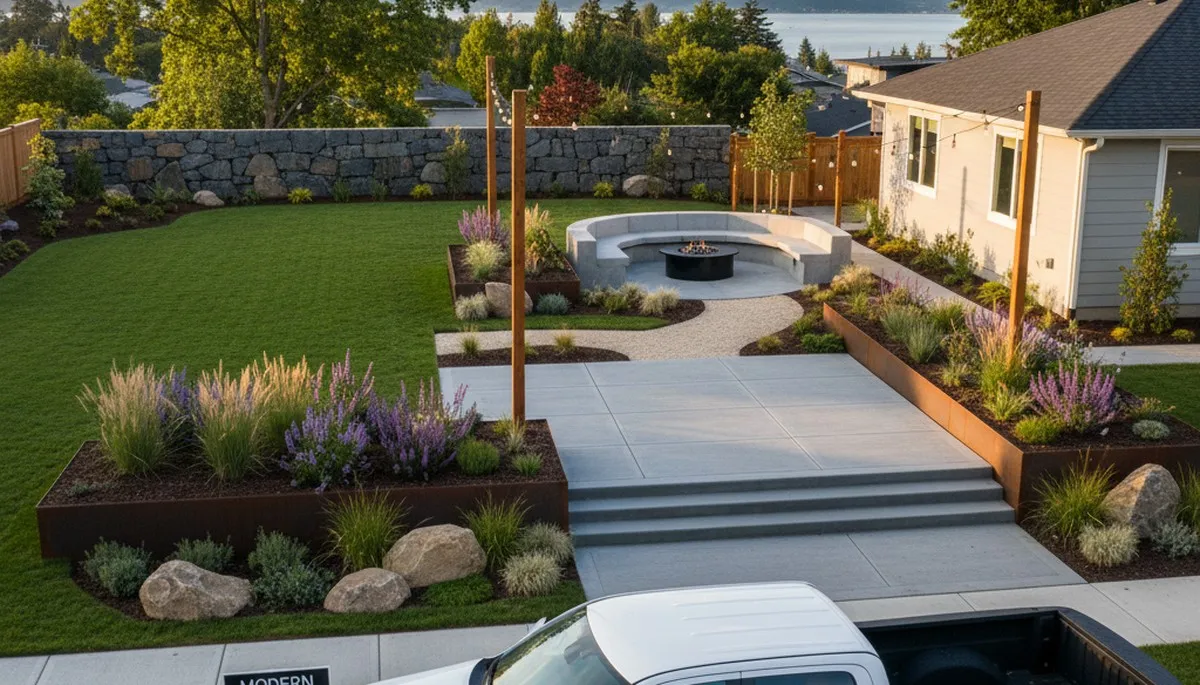 Seattle, WA landscaping team maintaining a residential yard with professional lawn care services