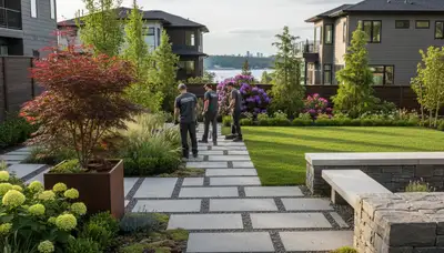 Seattle, WA landscaping team maintaining a residential yard with professional outdoor care