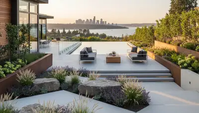 Seattle, WA landscaping service team maintaining a residential yard and garden beds