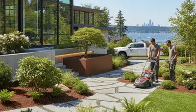 Seattle, WA landscaping services team maintaining a commercial property with professional outdoor care