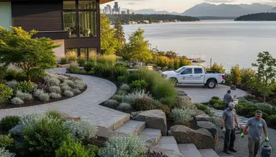 Seattle, WA landscaping service team maintaining a residential yard with professional outdoor care