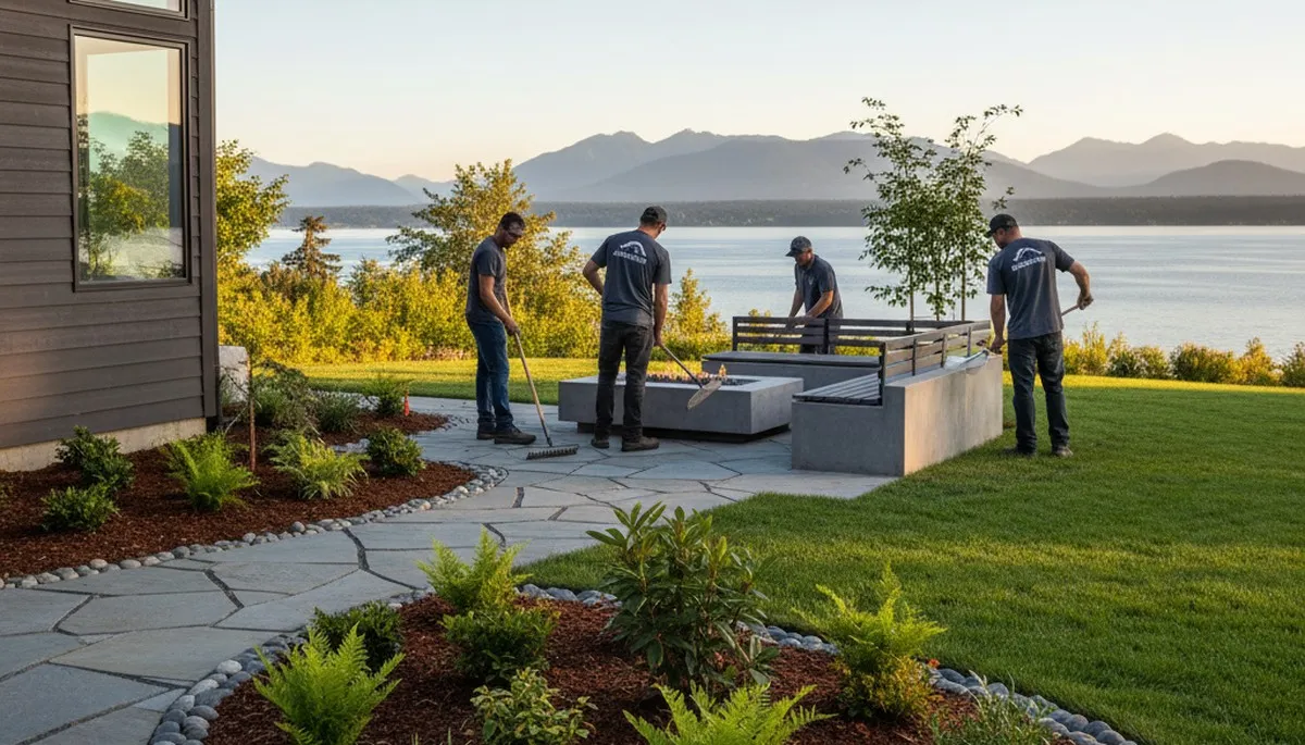 Seattle, WA landscaping service team maintaining a residential yard with professional outdoor care tools