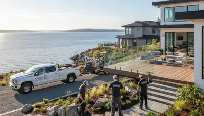 Seattle, WA landscaping crew maintaining a residential yard with professional garden care services