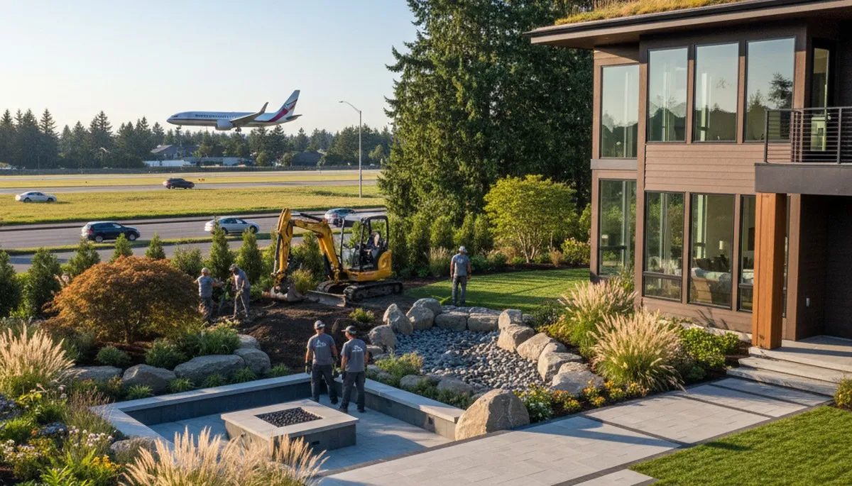 Seattle WA landscaping service team maintaining a residential yard with professional outdoor care