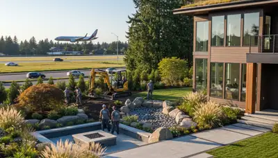 Seattle WA landscaping service team maintaining a residential yard with professional outdoor care