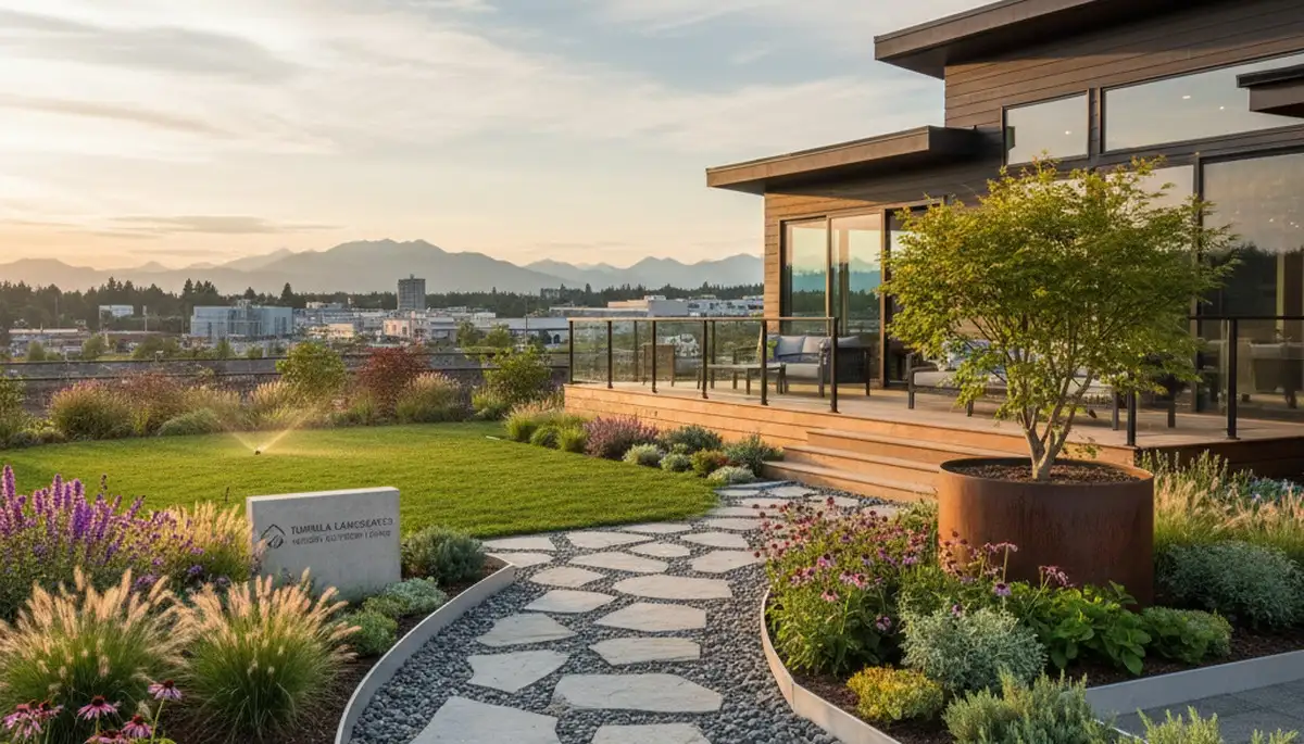 Seattle, WA landscaping team maintaining a residential yard with professional lawn care and garden upkeep