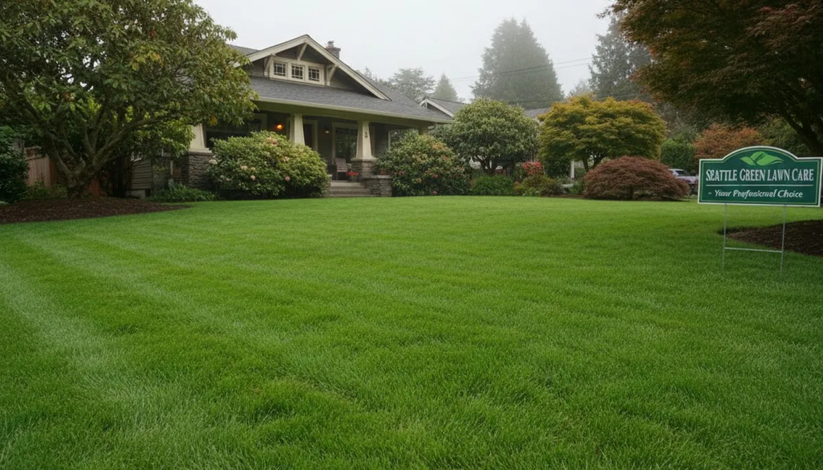 Lush green lawn with dense turf showing professional lawn care results in Seattle, WA