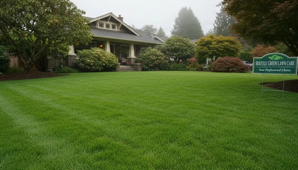 Lush green lawn with dense turf showing professional lawn care results in Seattle, WA