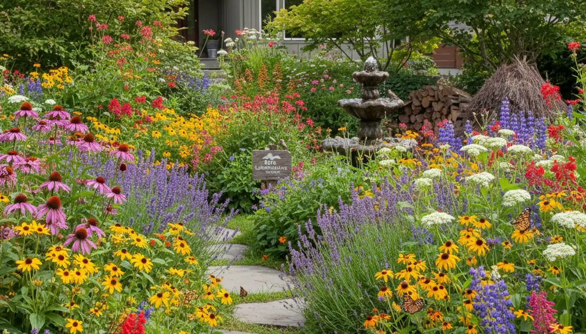 Native pollinator garden with bees and butterflies by organic landscapers in Seattle, WA