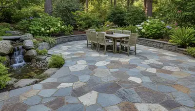 Flagstone patio with natural slate pavers in Seattle, WA by professional landscaping experts