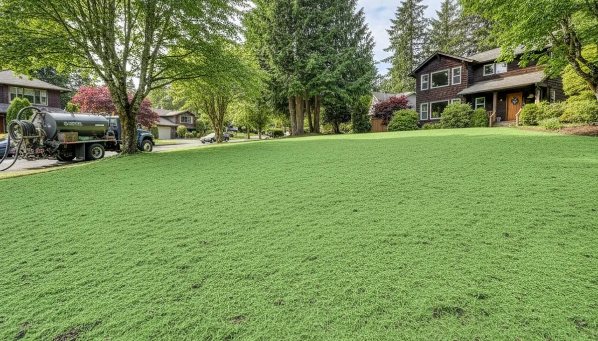 Freshly hydroseeded lawn with even green coverage on prepared soil in Seattle, WA by Chop Chop Landscaping