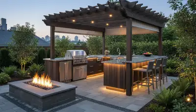 Resort-style outdoor kitchen with pergola and native landscaping in Seattle, WA backyard design