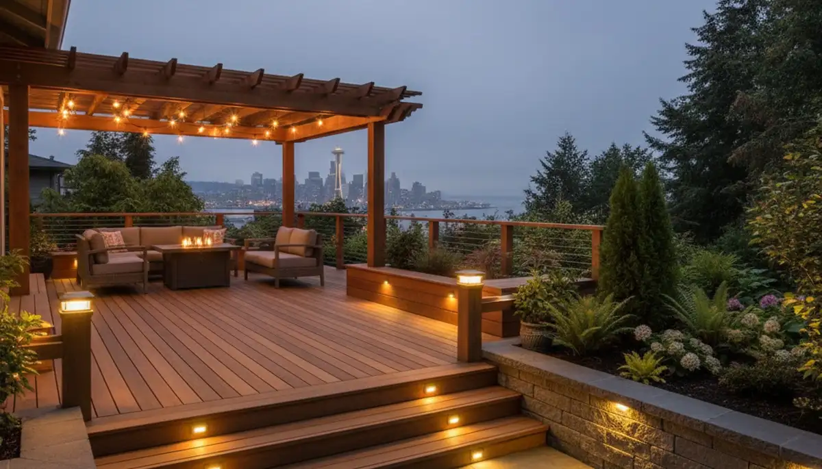 Seattle WA deck and patio lighting with post cap and step lights by Chop Chop Landscaping