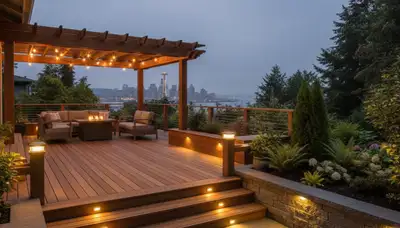 Seattle WA deck and patio lighting with post cap and step lights by Chop Chop Landscaping