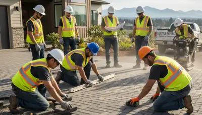 Crew installing driveway pavers in Seattle, WA residential home, showing base prep and leveling process