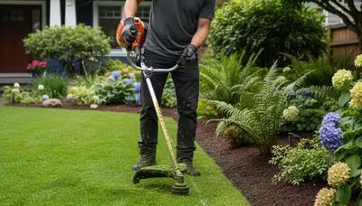 Technician edging lawn borders with string trimmer in Seattle, WA for Chop Chop Landscaping maintenance service