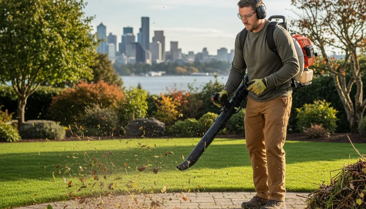 Technician using leaf blower for lawn debris cleanup on a Seattle, WA property by Chop Chop Landscaping