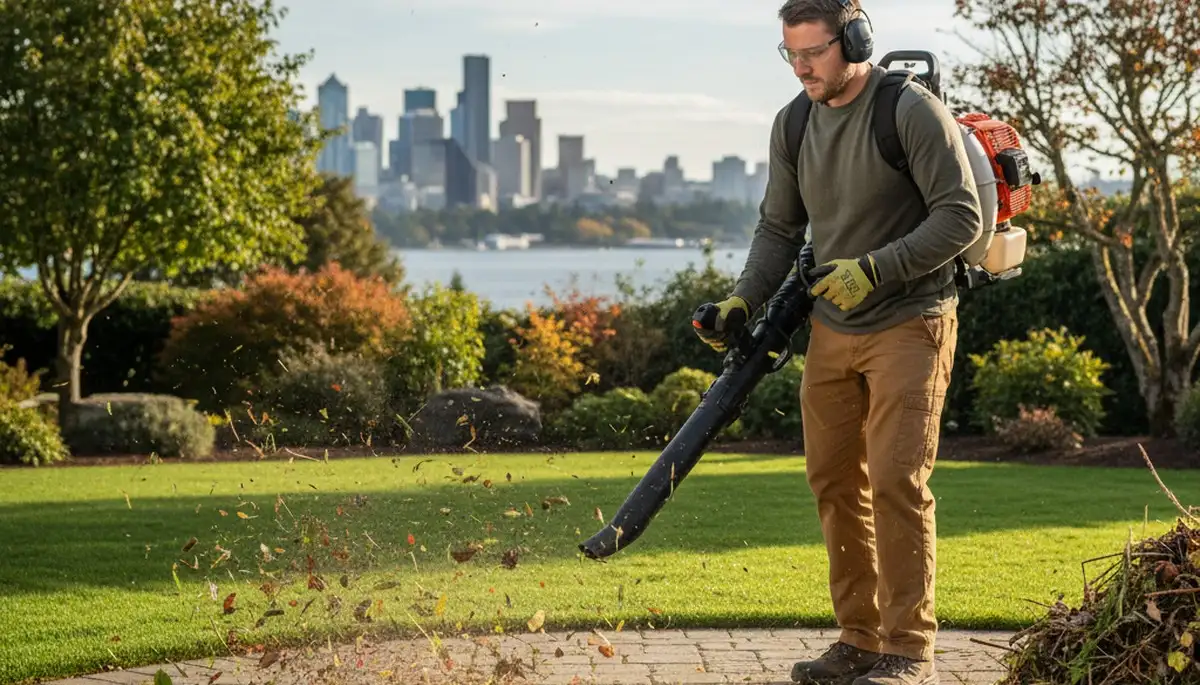Technician using leaf blower for lawn debris cleanup on a Seattle, WA property by Chop Chop Landscaping