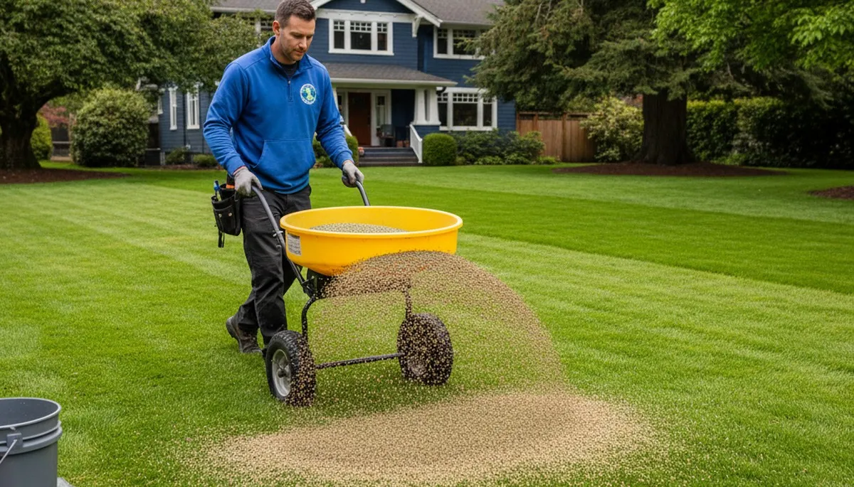 Lawn care technician spreading fertilizer evenly on residential yard in Seattle, WA