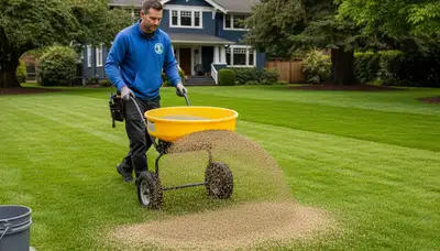 Lawn care technician spreading fertilizer evenly on residential yard in Seattle, WA