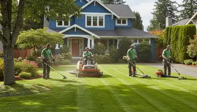 Seattle lawn care crew mowing, edging, and trimming a residential yard | Chop Chop Landscaping