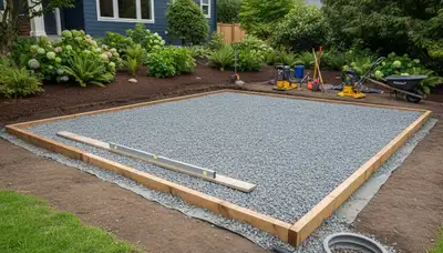 Professional shed foundation base preparation with gravel leveling by landscapers in Seattle, WA