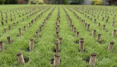 Close-up of soil core plugs after lawn aeration service in Seattle, WA by Chop Chop Landscaping