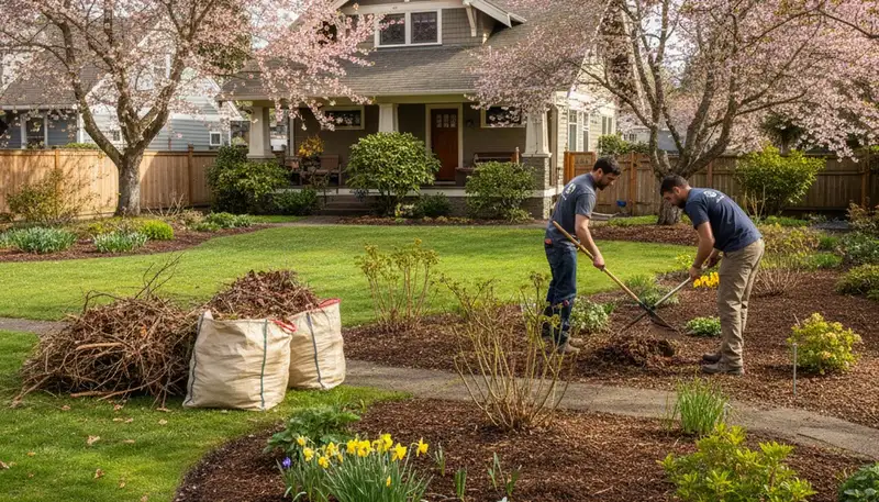 Seattle landscapers performing spring yard clean up, pruning, and debris removal at a residential property