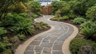 Curved stone paver pathway installation by professional landscapers in Seattle, WA