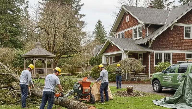 Landscapers removing storm debris and fallen branches during yard cleanup in Seattle, WA