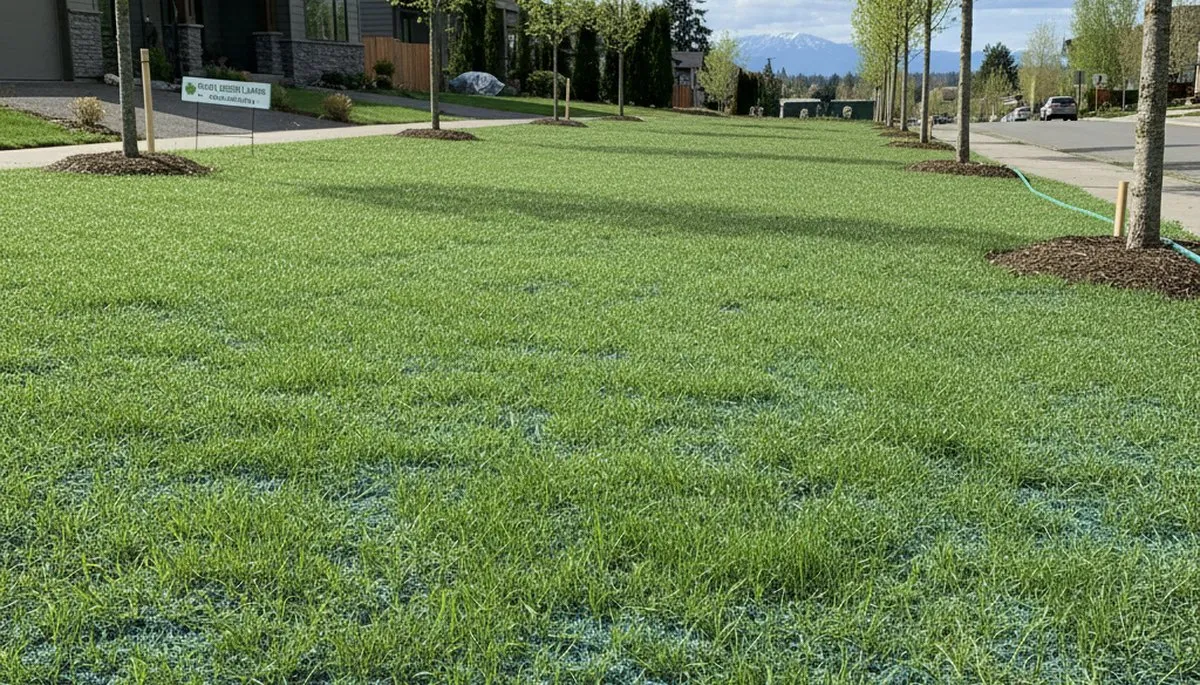 Hydroseeded lawn with new grass seedlings germinating in Seattle, WA by Chop Chop Landscaping
